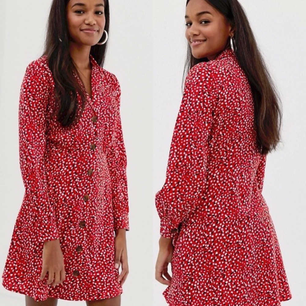 NEW ASOS Red Button Down Collared Long Sleeve Print Dress Medium